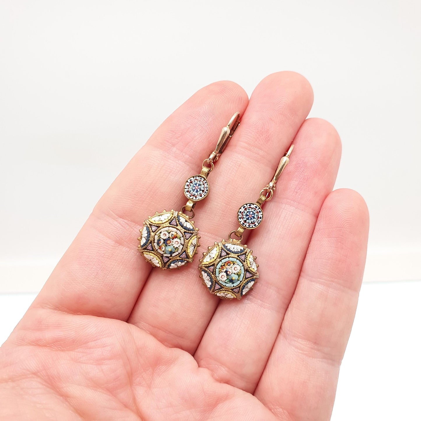 Antique Micro Mosaic Earrings Micromosaic Round Hook Drop Millefiori Gold Gilt Handmade Italian Genuine Vintage Jewelry Jewellery