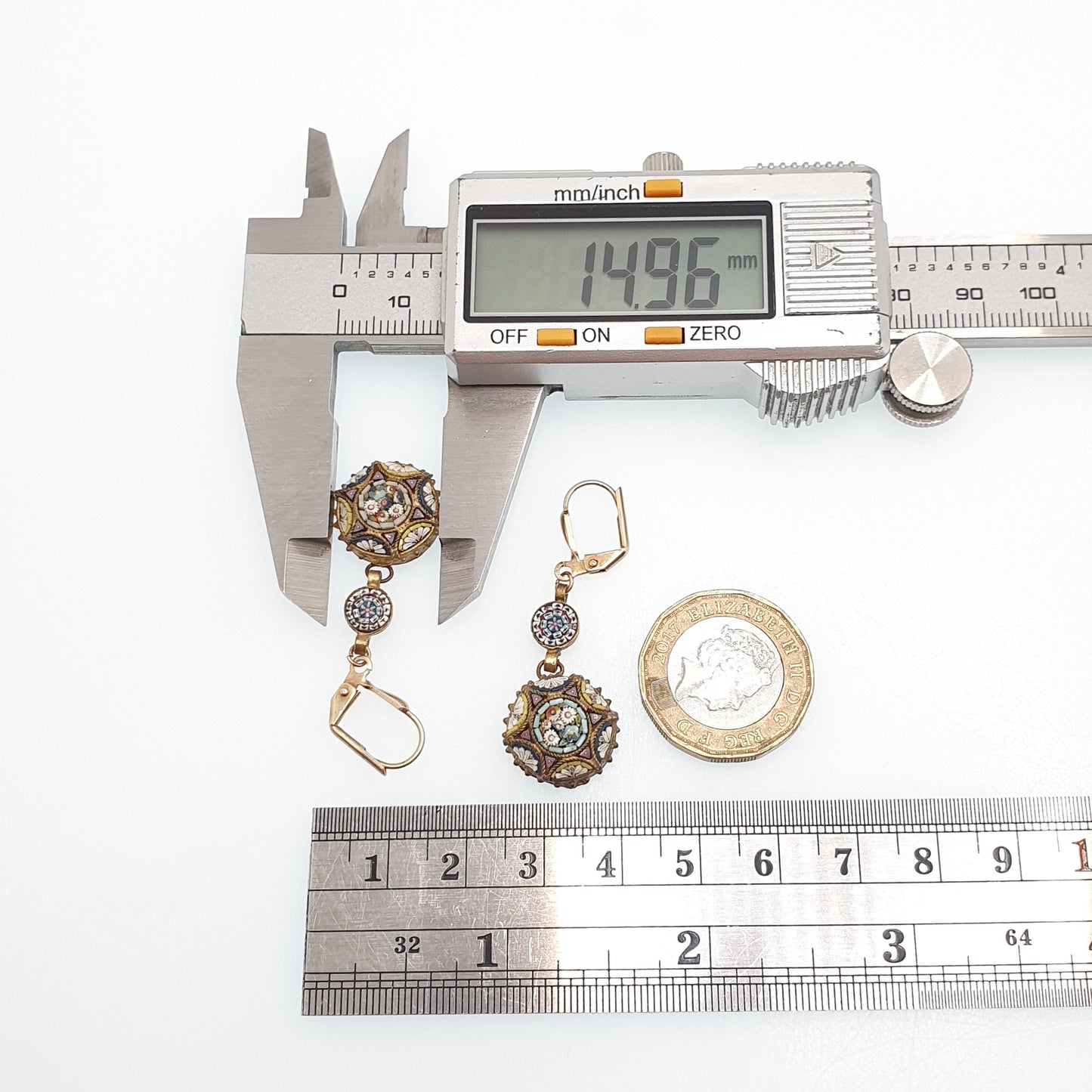 Antique Micro Mosaic Earrings Micromosaic Round Hook Drop Millefiori Gold Gilt Handmade Italian Genuine Vintage Jewelry Jewellery