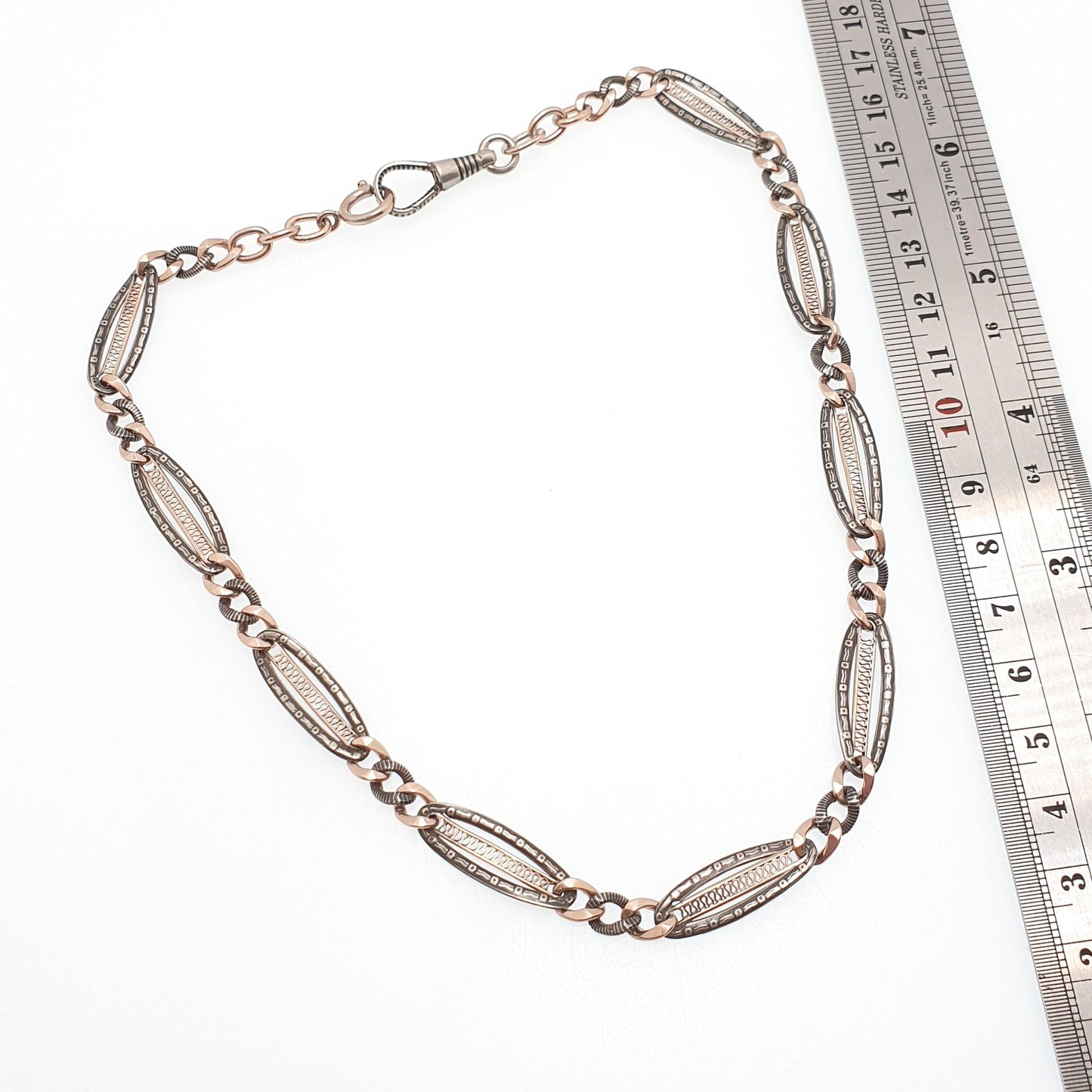 Antique Solid Silver Niello Albert Chain Necklace Rose Gold Figaro Curb Link Dog Clip 41cm 16.1" 21.27g Dog Clip Long Old Vintage