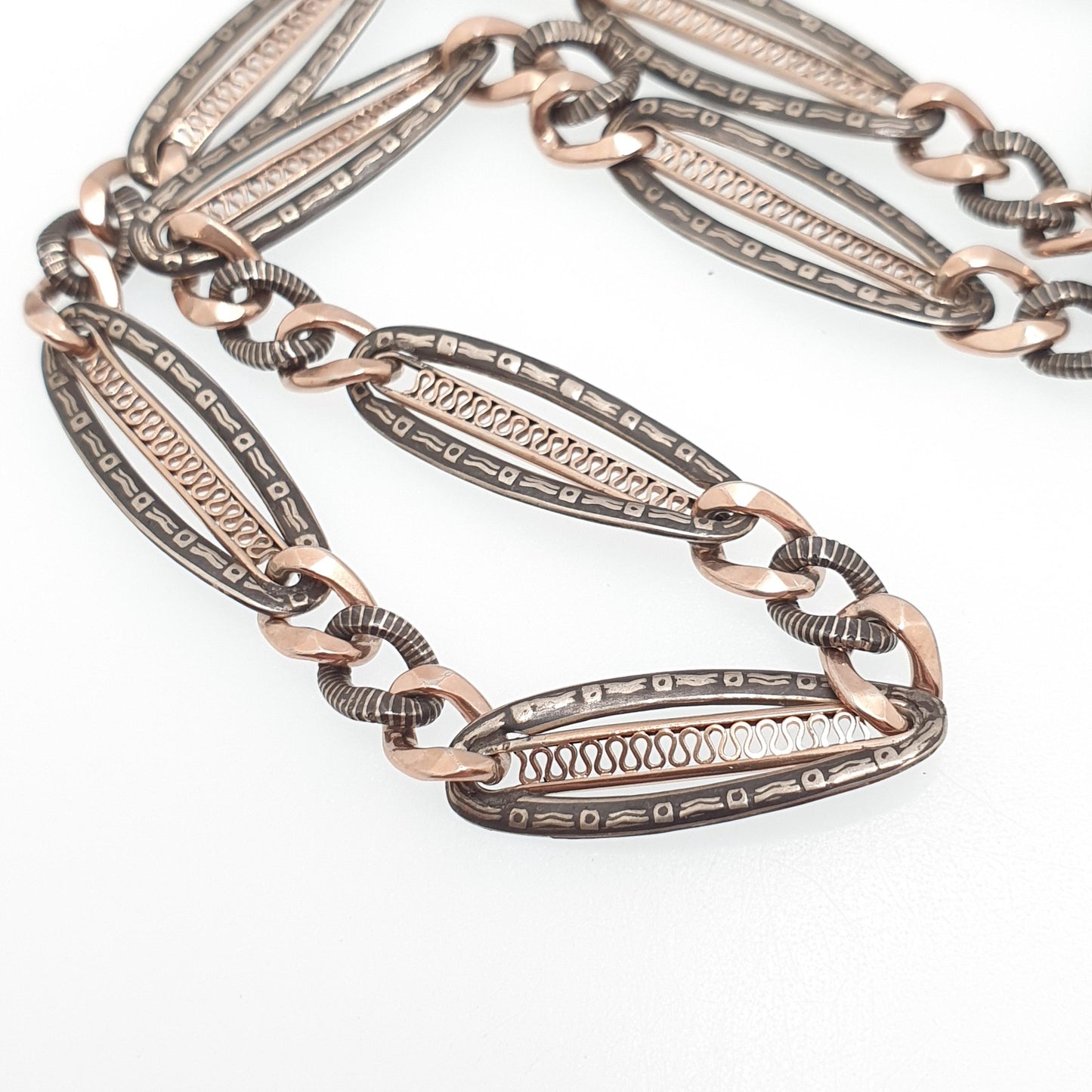 Antique Solid Silver Niello Albert Chain Necklace Rose Gold Figaro Curb Link Dog Clip 41cm 16.1" 21.27g Dog Clip Long Old Vintage