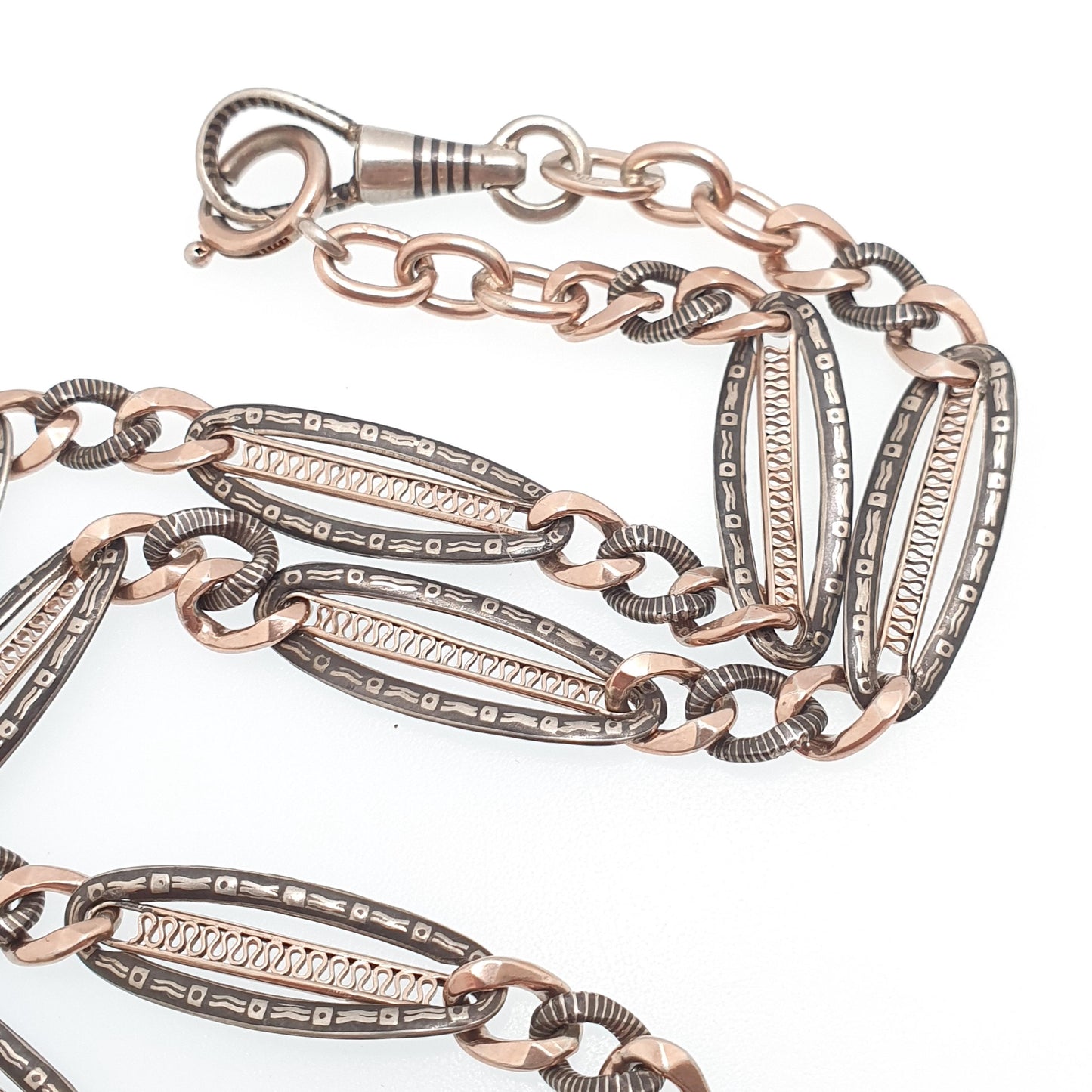 Antique Solid Silver Niello Albert Chain Necklace Rose Gold Figaro Curb Link Dog Clip 41cm 16.1" 21.27g Dog Clip Long Old Vintage