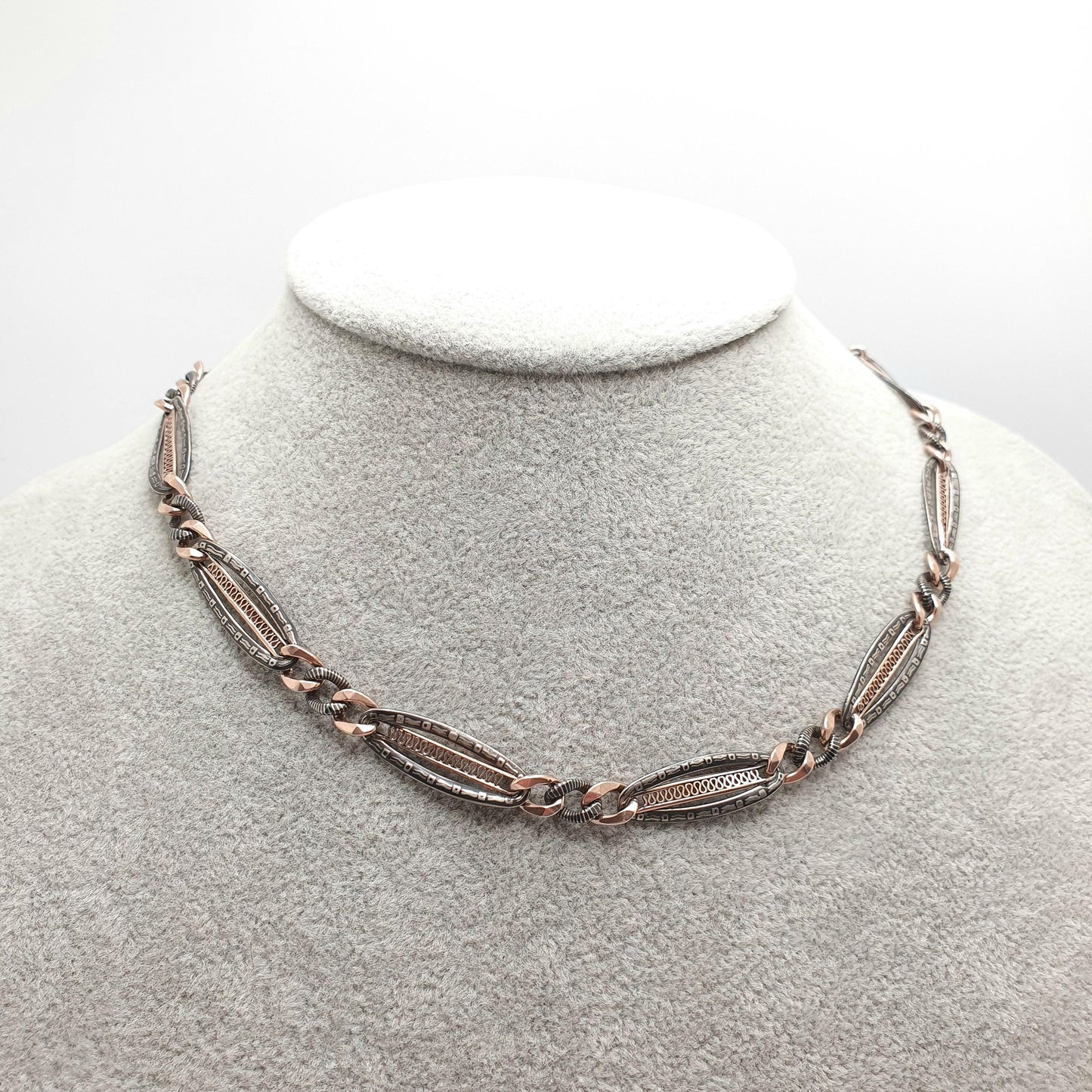 Antique Solid Silver Niello Albert Chain Necklace Rose Gold Figaro Curb Link Dog Clip 41cm 16.1" 21.27g Dog Clip Long Old Vintage