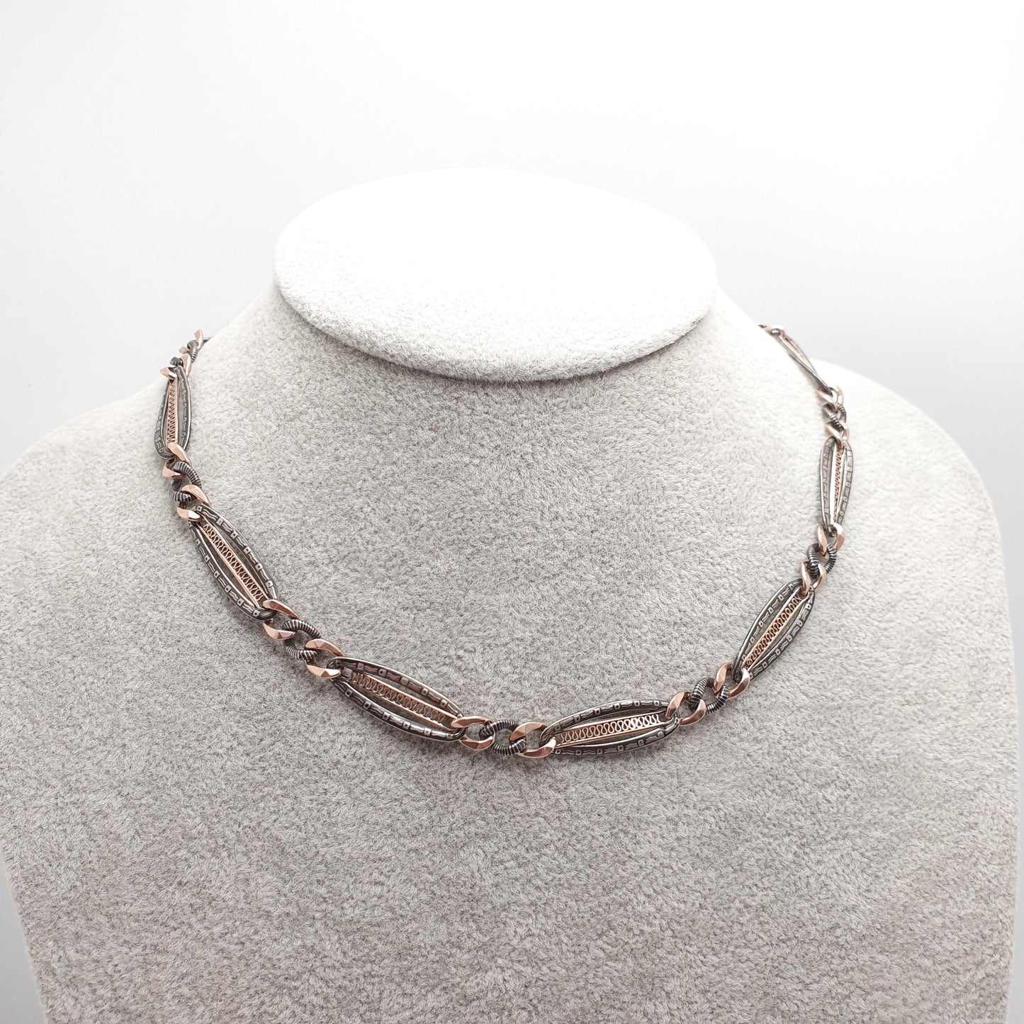 Antique Solid Silver Niello Albert Chain Necklace Rose Gold Figaro Curb Link Dog Clip 41cm 16.1" 21.27g Dog Clip Long Old Vintage