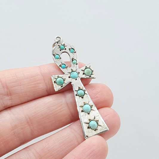 Vintage Solid Silver Egyptian Ankh Pendant Turquoise Gemstone Key of Life Egypt Large Jewelry Jewellery Mens Womens Necklace