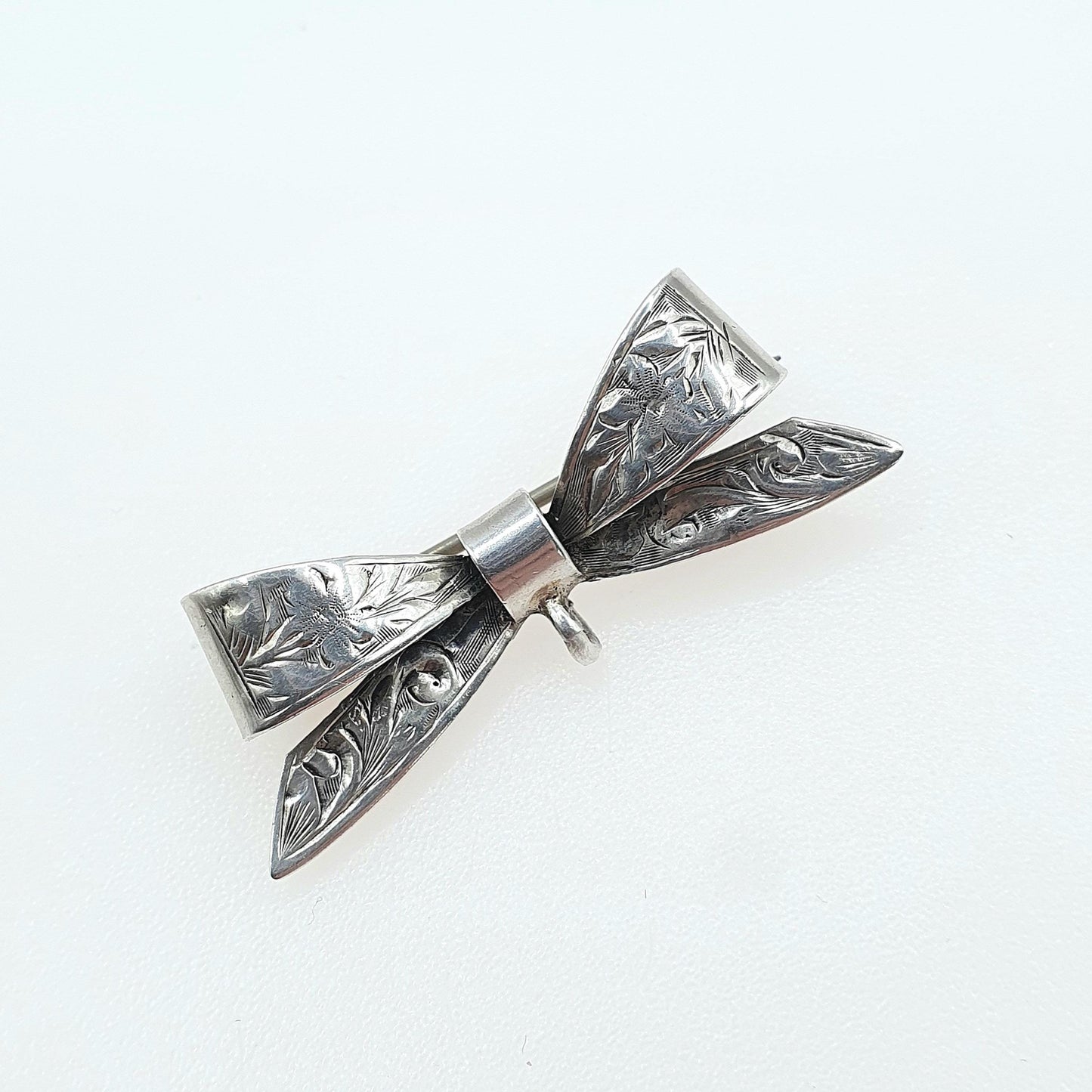 Antique Sterling Silver Bow Brooch Hand Engraved Ribbon Nurse Fob Cute Gift Womens Mens Jewellery Jewelry