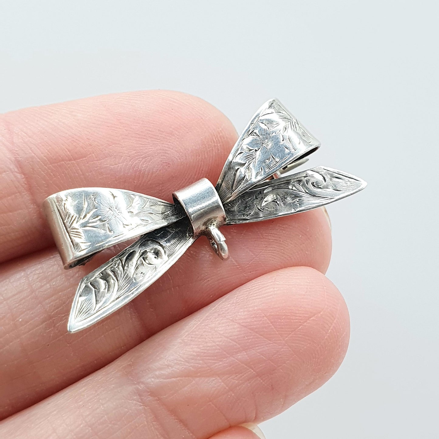 Antique Sterling Silver Bow Brooch Hand Engraved Ribbon Nurse Fob Cute Gift Womens Mens Jewellery Jewelry