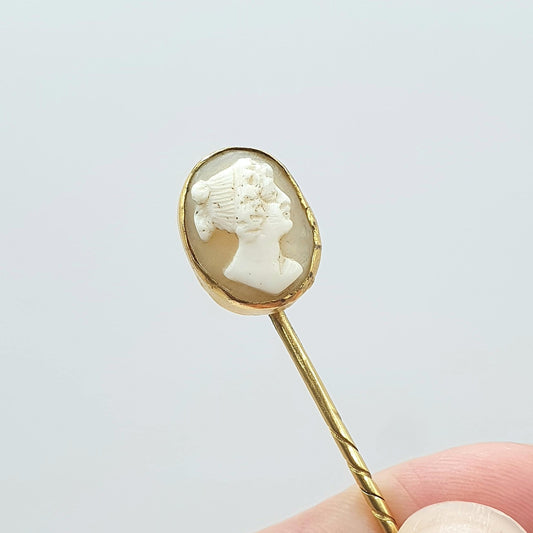 Antique Victorian Gold Gilt Cameo Stick Pin Hand Carved Shell Lapel Pin Jacket Mens Gents Vintage Jewelry