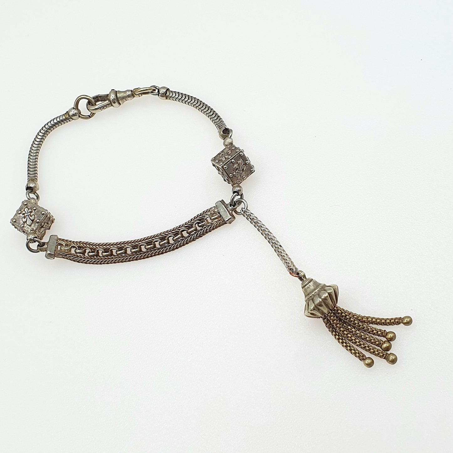 Antique French Albertina Chain Bracelet with Dice Tassel Fob Dog Clip Fleur de Lys Silver Tone Base Metal Jewellery Jewelry 19.5cm 11.16g