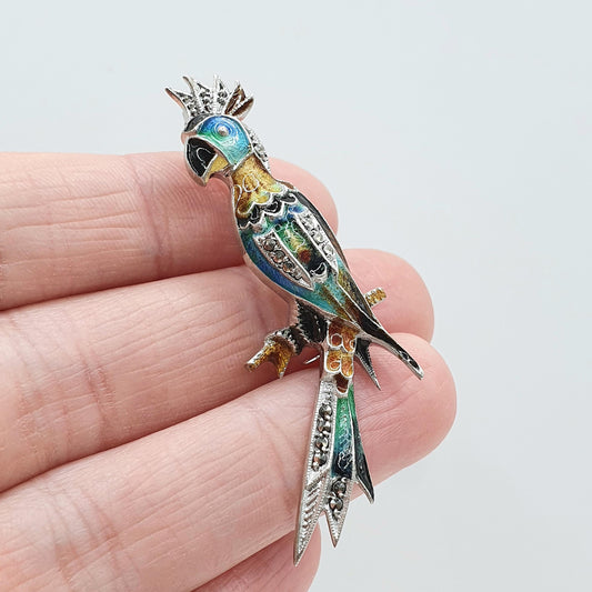 Vintage Sterling Silver Enamel & Marcasite Parrot Brooch Bird Parakeet Jewelry Jewellery Fun Colourful Womens Jewelry
