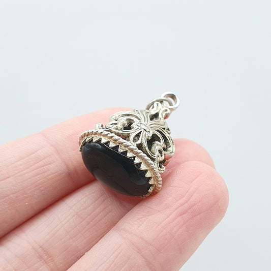 Vintage Solid Silver Onyx Fob Pendant Pierced Body Genuine Black Gemstone Jewelry Necklace Jewellery Mens Womens