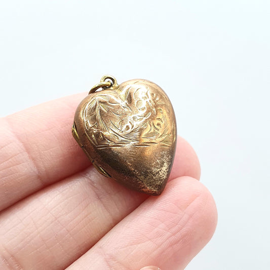 Antique Victorian Rolled Gold Heart Locket Hand Engraved Face Love Romantic Necklace Pendant Womens Mens Jewellery Jewelry