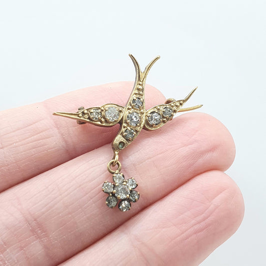 Antique Victorian Diamond Paste Swallow Bird Brooch with Hanging Cluster Gold Tone Base Metal Cute Gift Ladies Womens Jewelry