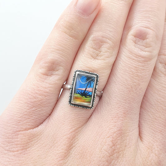 Antique Sterling Silver Butterfly Wing Palm Tree Beach Ring TLM Thomas L Mott Bug Insect Womens Jewellery Jewelry