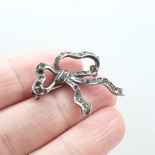 Antique Victorian Solid Silver Paste Bow Brooch 1800s Ribbon Vintage Womens Jewelry Jewellery Vintage