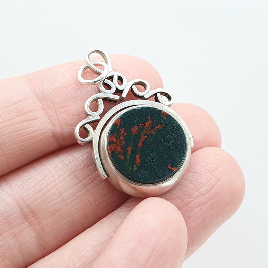 Antique Victorian Sterling Silver Bloodstone Spinner Fob Pendant 1884 Hallmark Carnelian Necklace Vintage Mens Womens Jewelry Jewellery