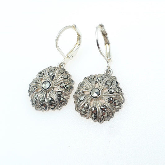 Antique Art Deco Solid Silver Flower Marcasite Earrings Hook Dangle Floral Womens Ladies 1920s Vintage Jewelry Jewellery