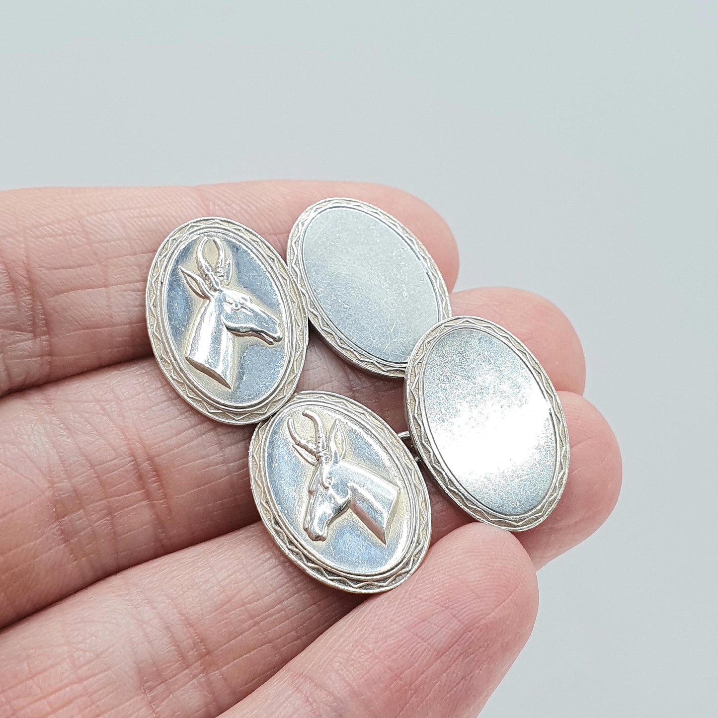 Old Vintage Solid Silver Stag Cuff Links Cufflinks Oval Chain Deer Animal Hunting Unisex Gent Mens Jewelry Jewellery