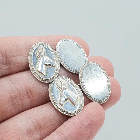 Old Vintage Solid Silver Stag Cuff Links Cufflinks Oval Chain Deer Animal Hunting Unisex Gent Mens Jewelry Jewellery