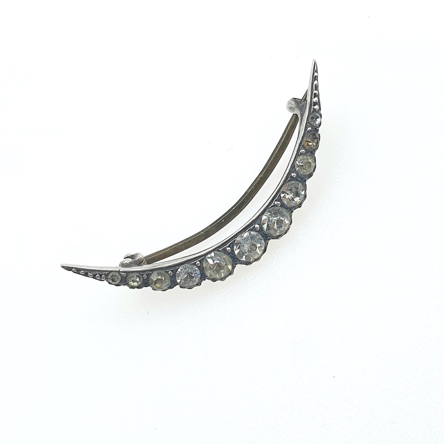 Antique Victorian Solid Silver Crescent Moon Diamond Paste Brooch Celestial Womens Mens Unisex Jewellery Jewelry