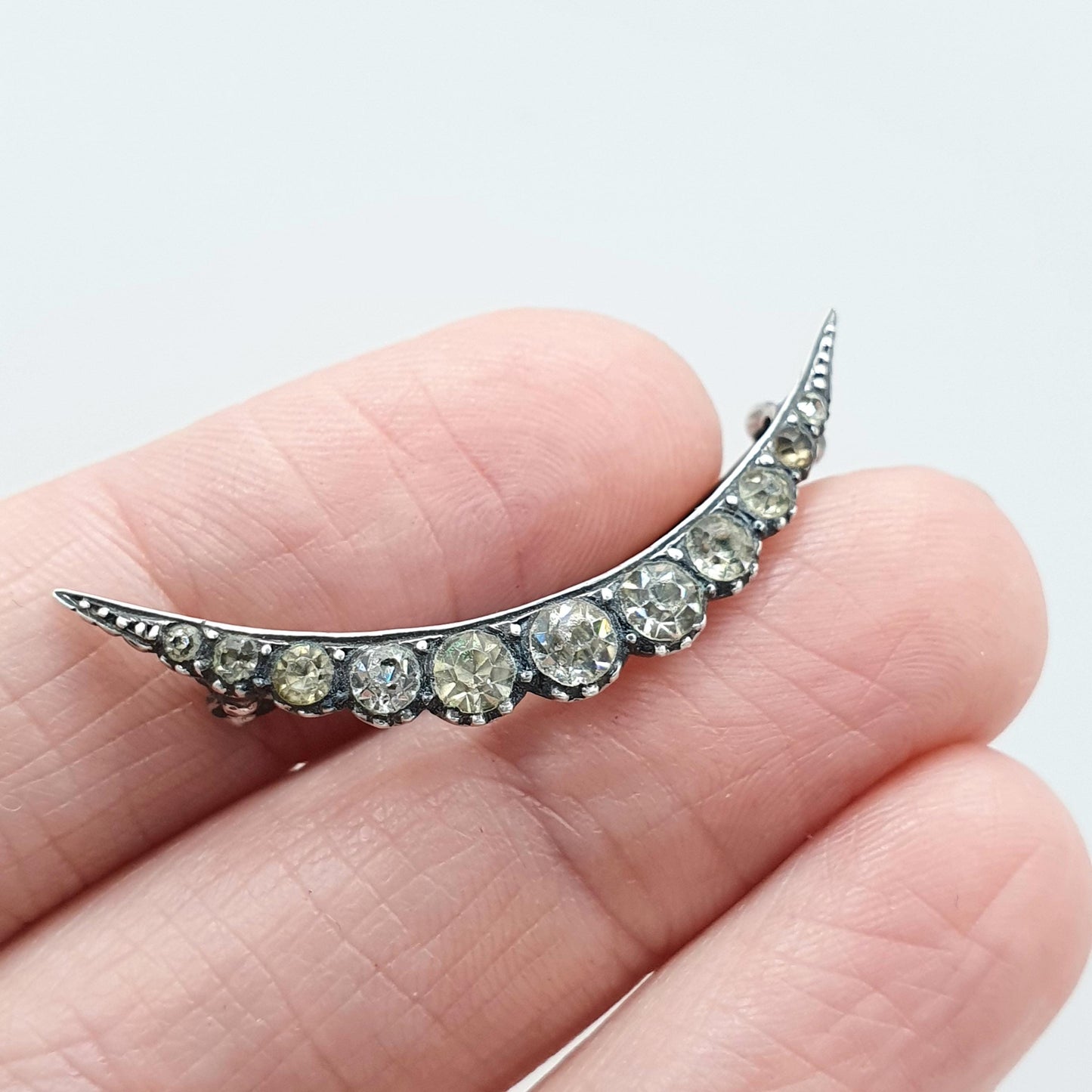 Antique Victorian Solid Silver Crescent Moon Diamond Paste Brooch Celestial Womens Mens Unisex Jewellery Jewelry
