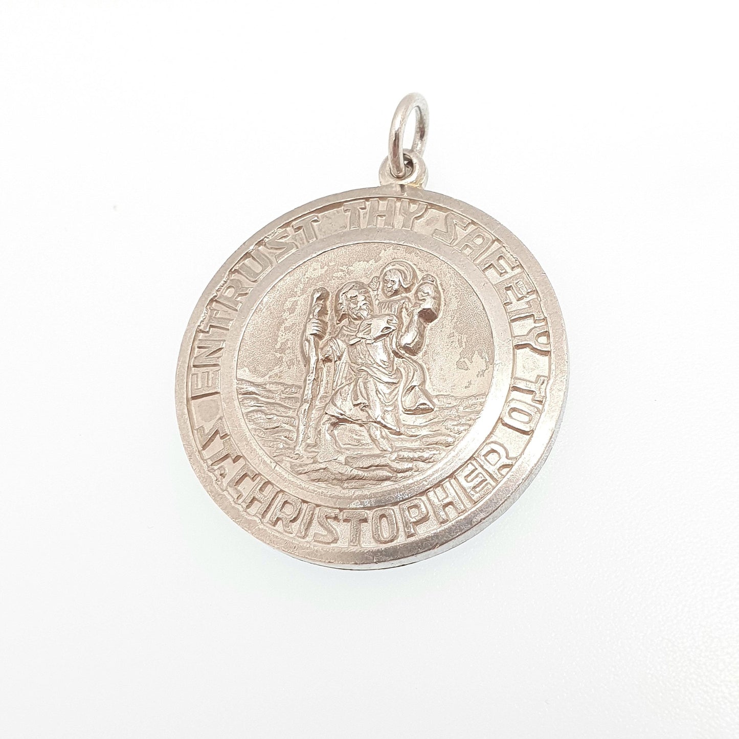 GEORG JENSEN Vintage Sterling Silver St Christopher Pendant "Entrust Thy Safety" Necklace Car Plane Double Sided Large Jewellery Jewelry