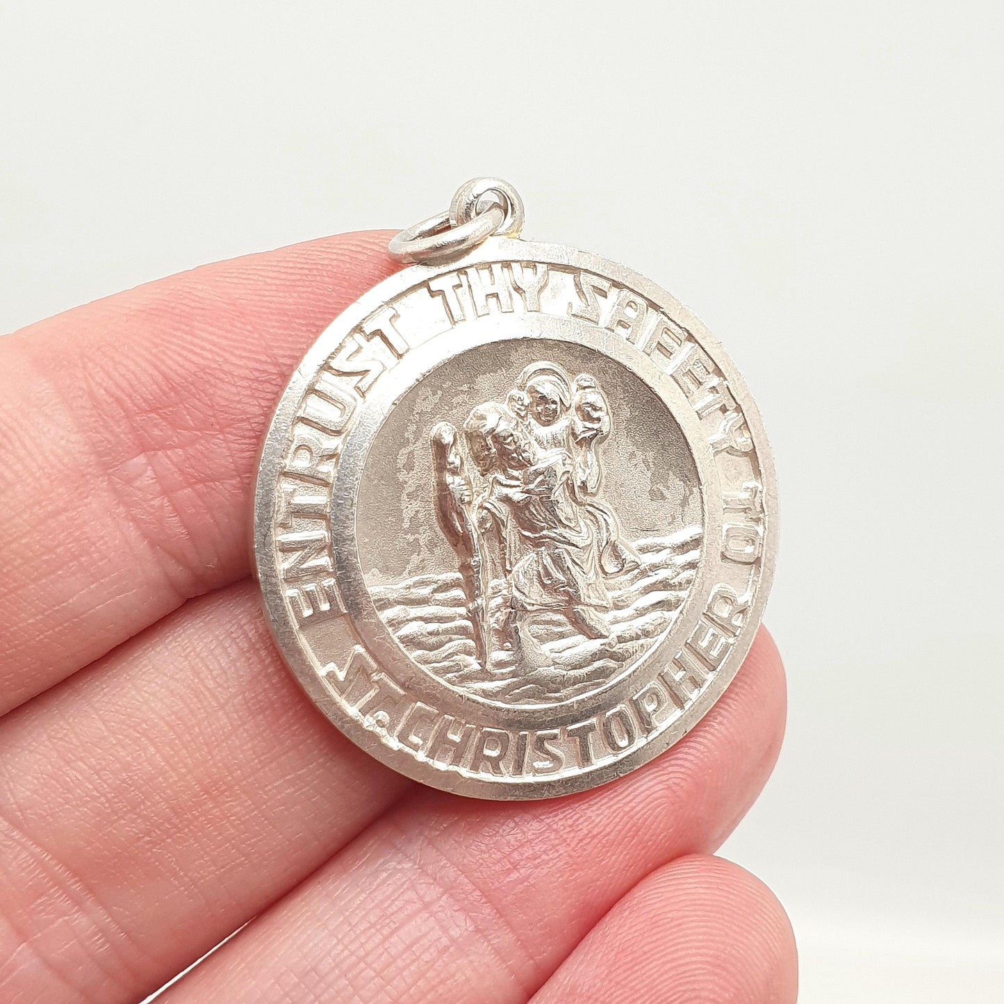 GEORG JENSEN Vintage Sterling Silver St Christopher Pendant "Entrust Thy Safety" Necklace Car Plane Double Sided Large Jewellery Jewelry