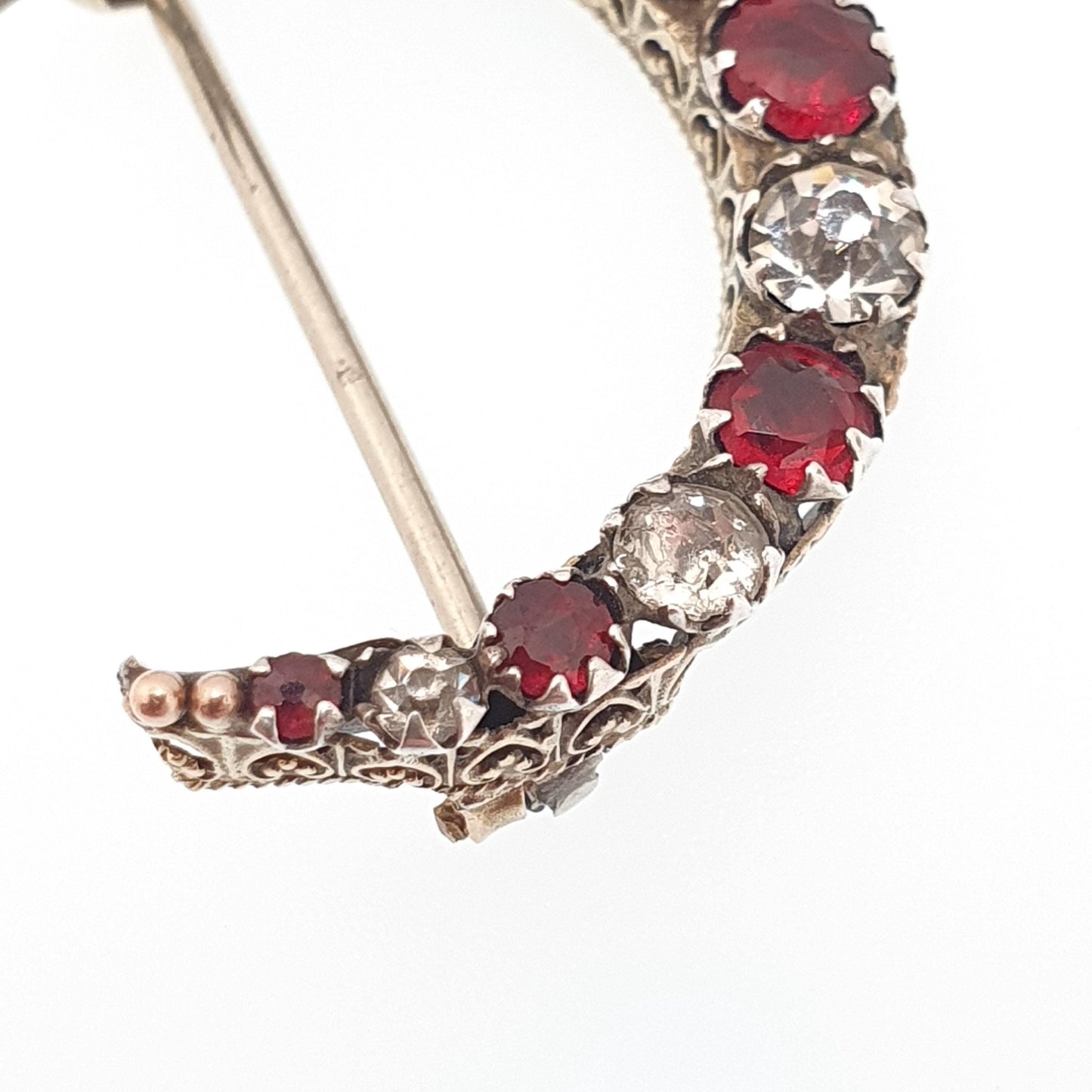 Antique Victorian 9ct 9k Gold Crescent Moon Brooch Garnet & Diamond Tone Paste Solid 375 Celestial Pin Vintage Womens Jewelry Jewellery
