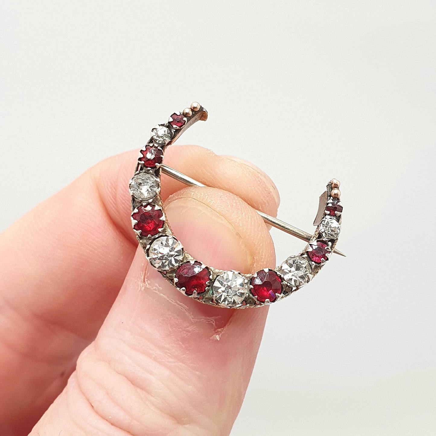 Antique Victorian 9ct 9k Gold Crescent Moon Brooch Garnet & Diamond Tone Paste Solid 375 Celestial Pin Vintage Womens Jewelry Jewellery