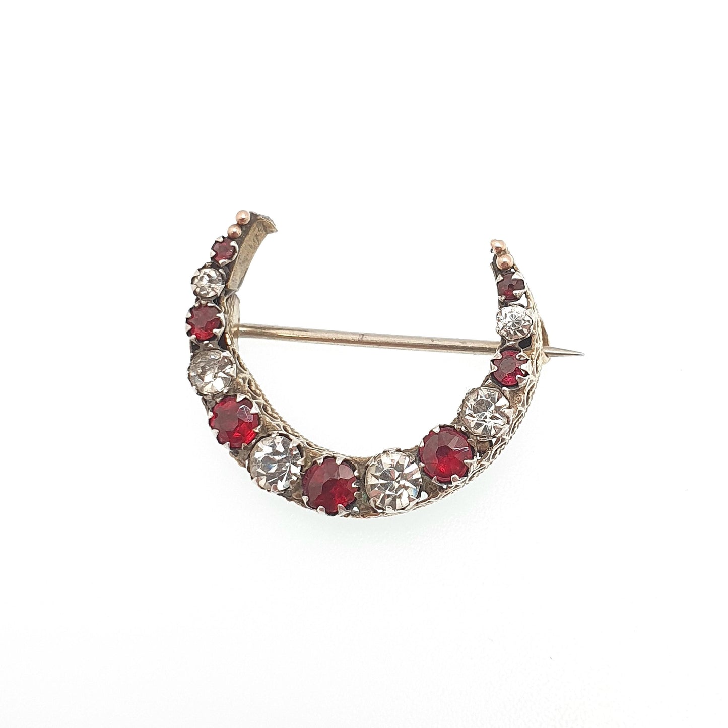 Antique Victorian 9ct 9k Gold Crescent Moon Brooch Garnet & Diamond Tone Paste Solid 375 Celestial Pin Vintage Womens Jewelry Jewellery