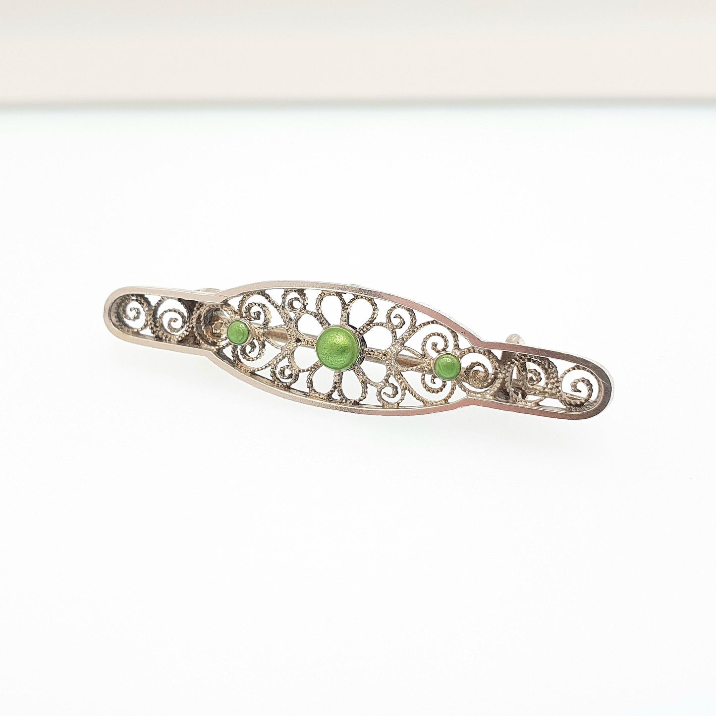 Antique MARIUS HAMMER Solid Silver Brooch Pin Green Enamel Filigree 930S Scandinavian Jewelry Jewellery Vintage
