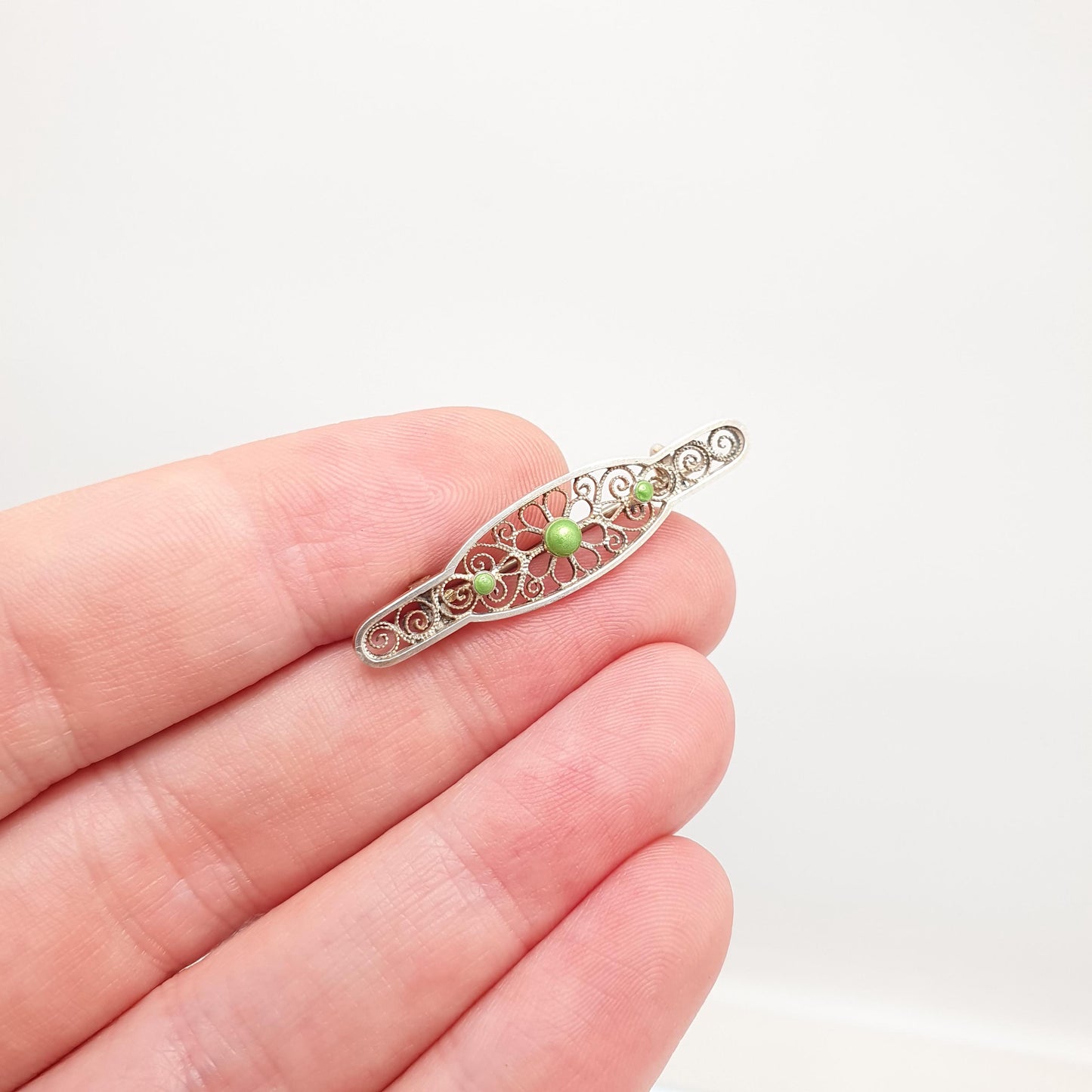 Antique MARIUS HAMMER Solid Silver Brooch Pin Green Enamel Filigree 930S Scandinavian Jewelry Jewellery Vintage