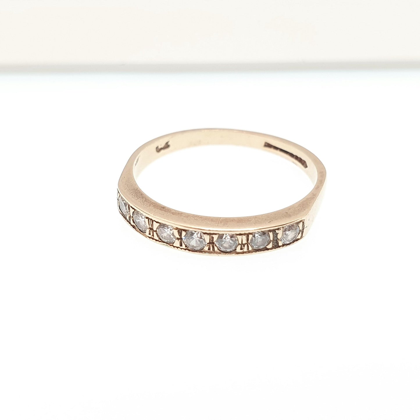 Vintage 9k 9ct Gold Half Eternity Ring CZ Gemstones Diamond Simulant Stacker Sparkly Solid 375 Retro Womens Jewelry Jewellery