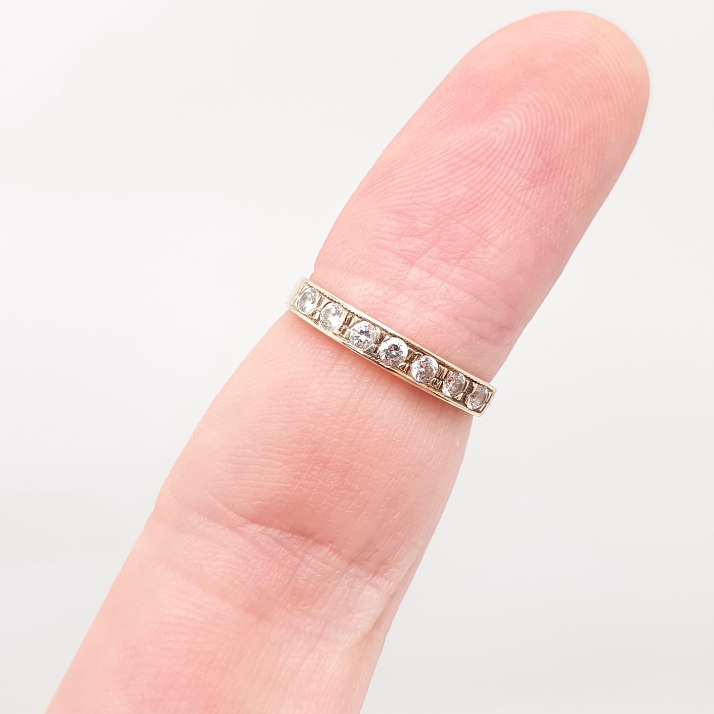 Vintage 9k 9ct Gold Half Eternity Ring CZ Gemstones Diamond Simulant Stacker Sparkly Solid 375 Retro Womens Jewelry Jewellery