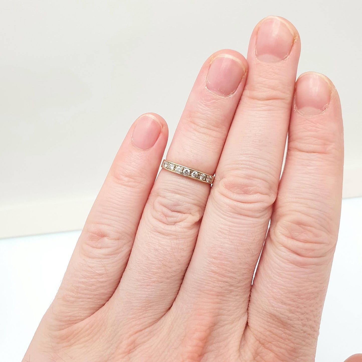 Vintage 9k 9ct Gold Half Eternity Ring CZ Gemstones Diamond Simulant Stacker Sparkly Solid 375 Retro Womens Jewelry Jewellery