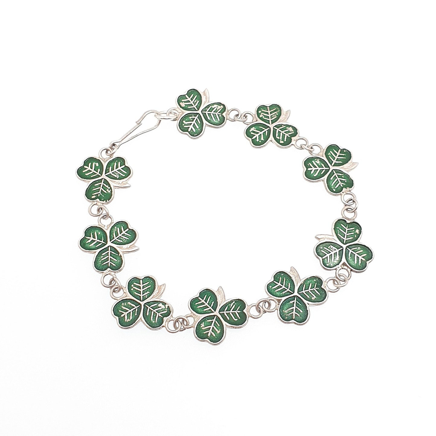 Antique Sterling Silver Clover Bracelet Three Leaf Green Enamel Irish Shamrock Good Luck Lucky 10.27g 18cm Vintage Womens Jewelry Jewellery