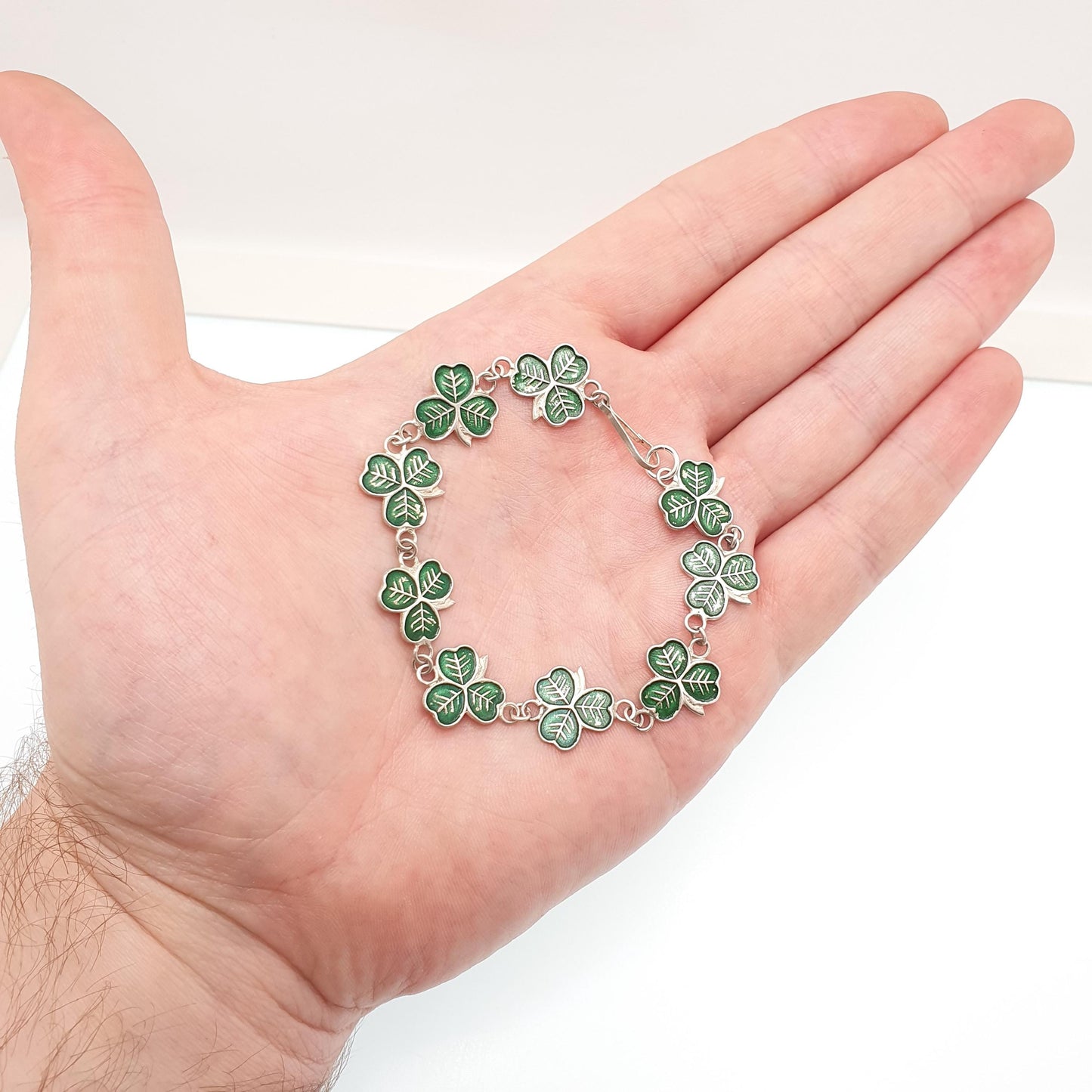 Antique Sterling Silver Clover Bracelet Three Leaf Green Enamel Irish Shamrock Good Luck Lucky 10.27g 18cm Vintage Womens Jewelry Jewellery