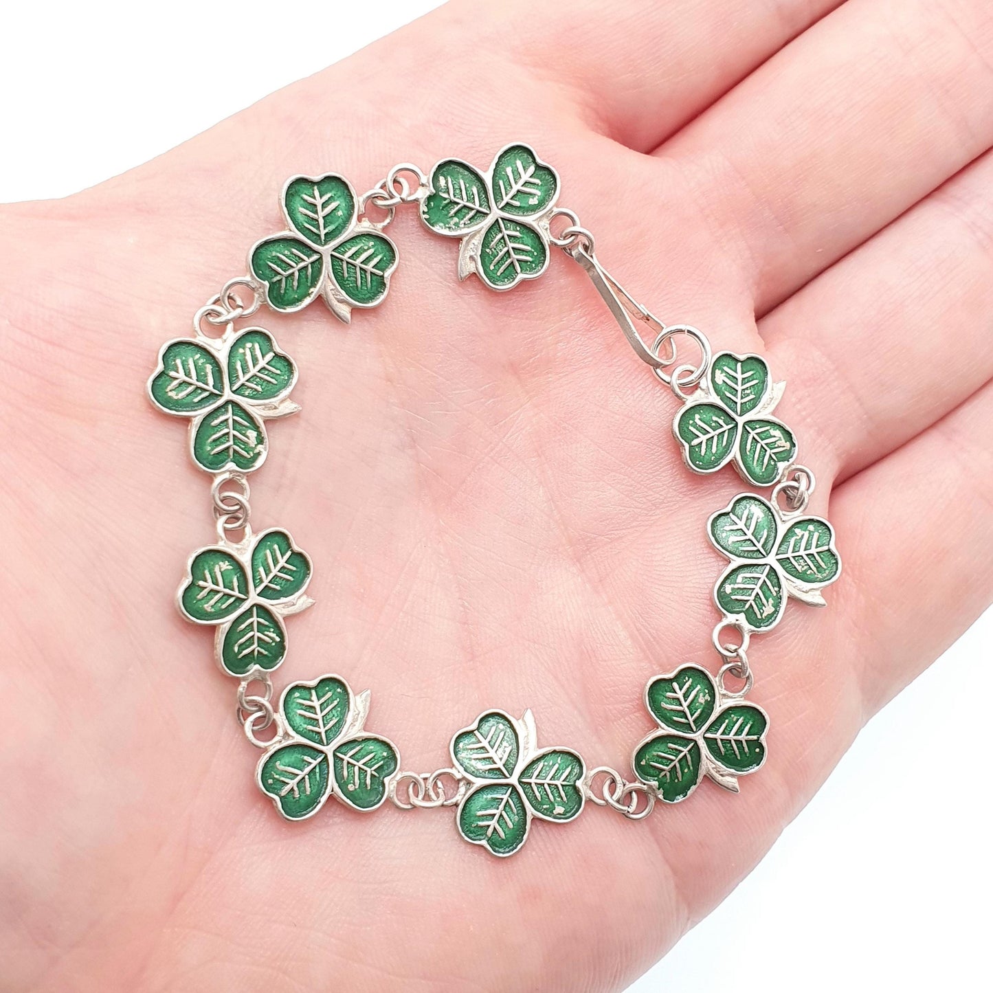 Antique Sterling Silver Clover Bracelet Three Leaf Green Enamel Irish Shamrock Good Luck Lucky 10.27g 18cm Vintage Womens Jewelry Jewellery