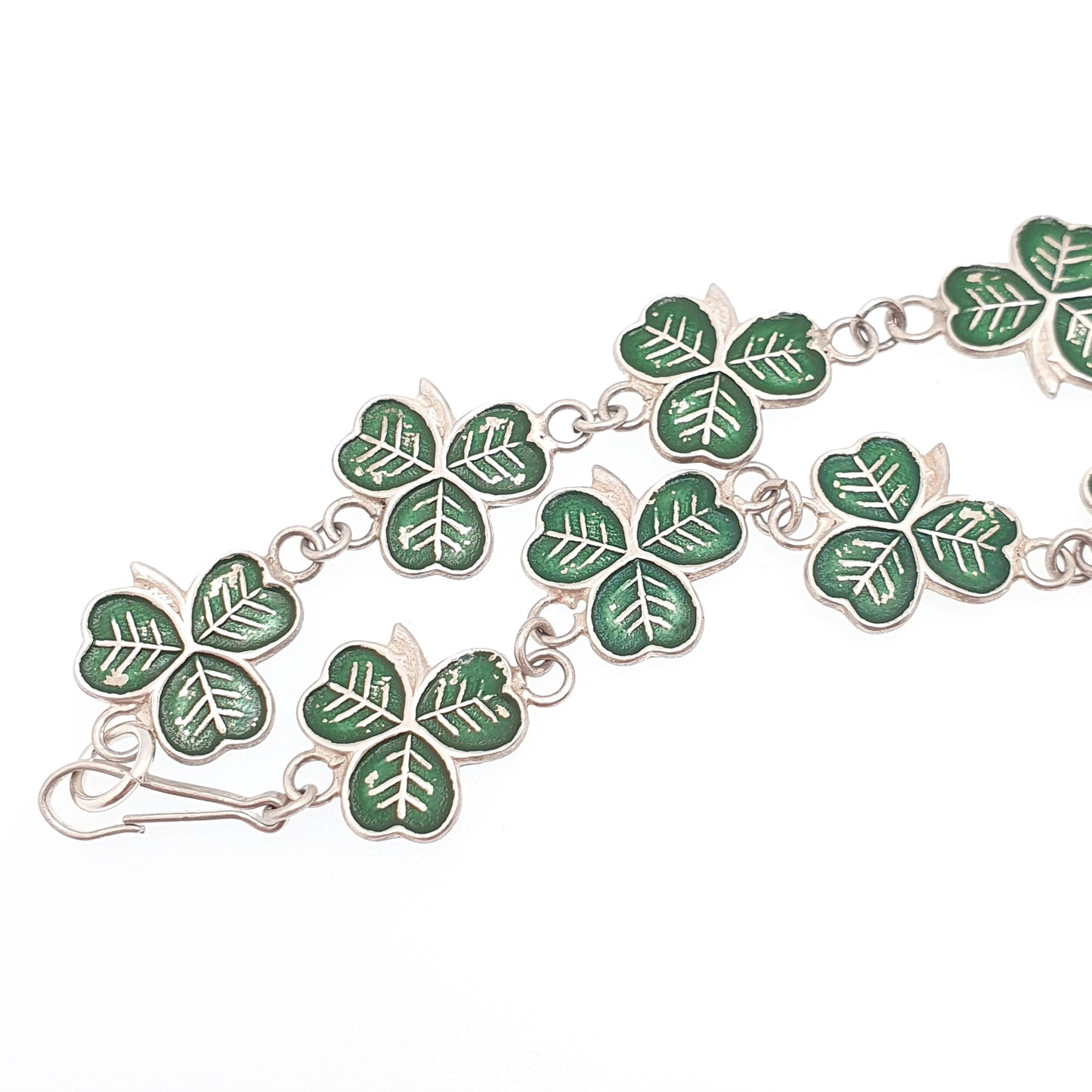 Antique Sterling Silver Clover Bracelet Three Leaf Green Enamel Irish Shamrock Good Luck Lucky 10.27g 18cm Vintage Womens Jewelry Jewellery