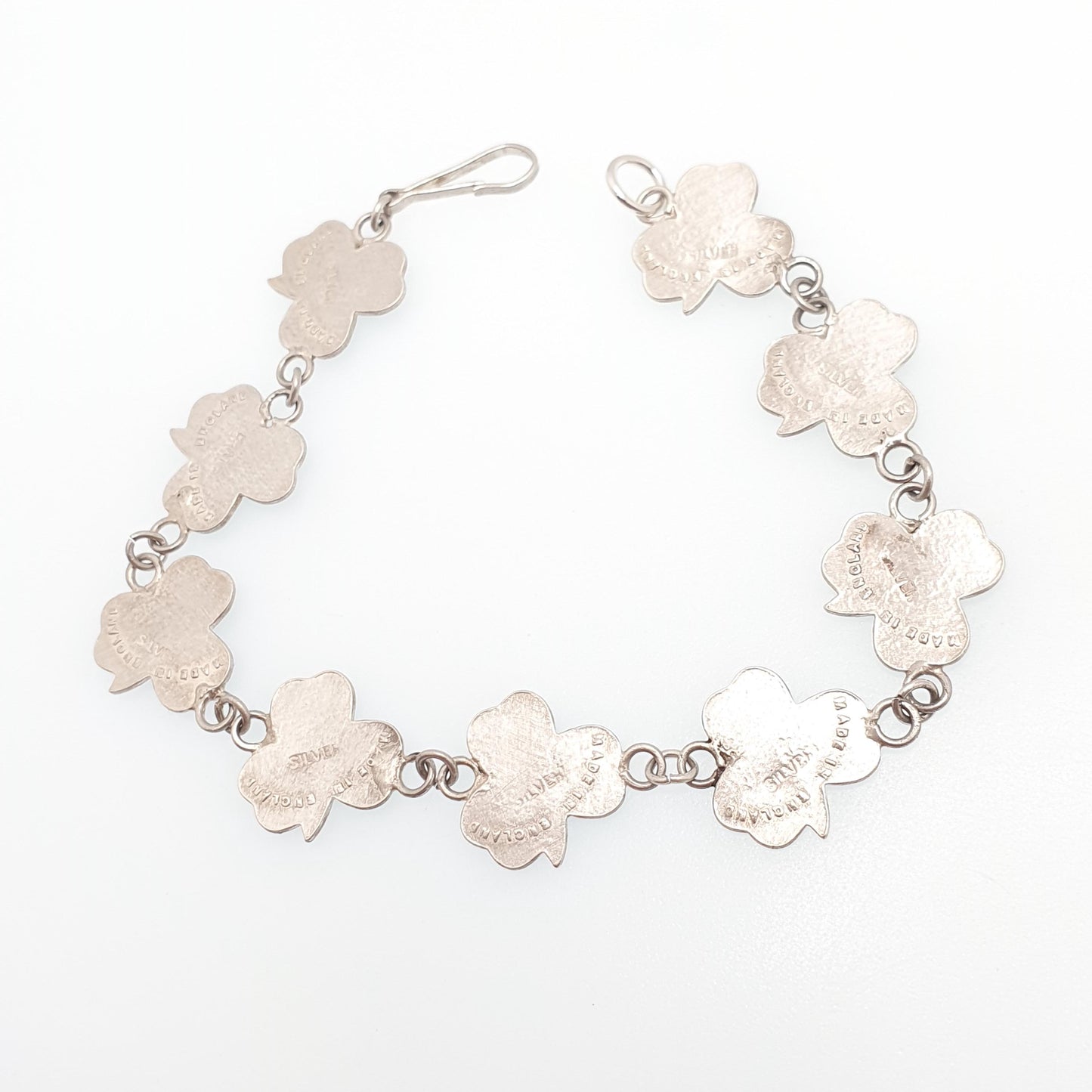 Antique Sterling Silver Clover Bracelet Three Leaf Green Enamel Irish Shamrock Good Luck Lucky 10.27g 18cm Vintage Womens Jewelry Jewellery