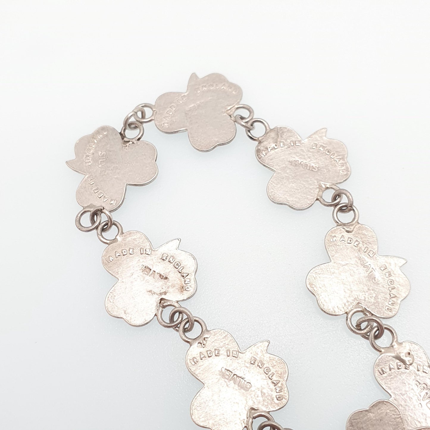 Antique Sterling Silver Clover Bracelet Three Leaf Green Enamel Irish Shamrock Good Luck Lucky 10.27g 18cm Vintage Womens Jewelry Jewellery