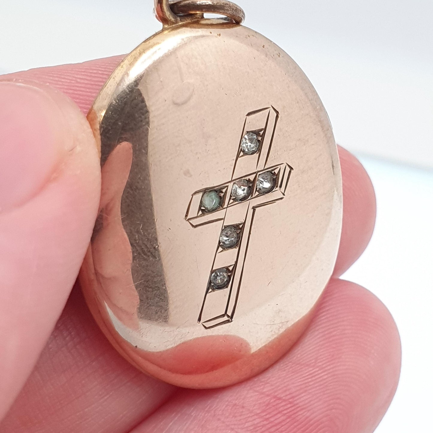 Antique Rolled Gold Cross Locket Diamond Paste Crucifix Gold Filled Sparkly Oval Rare Photo Womens Vintage Jewelry Jewellery