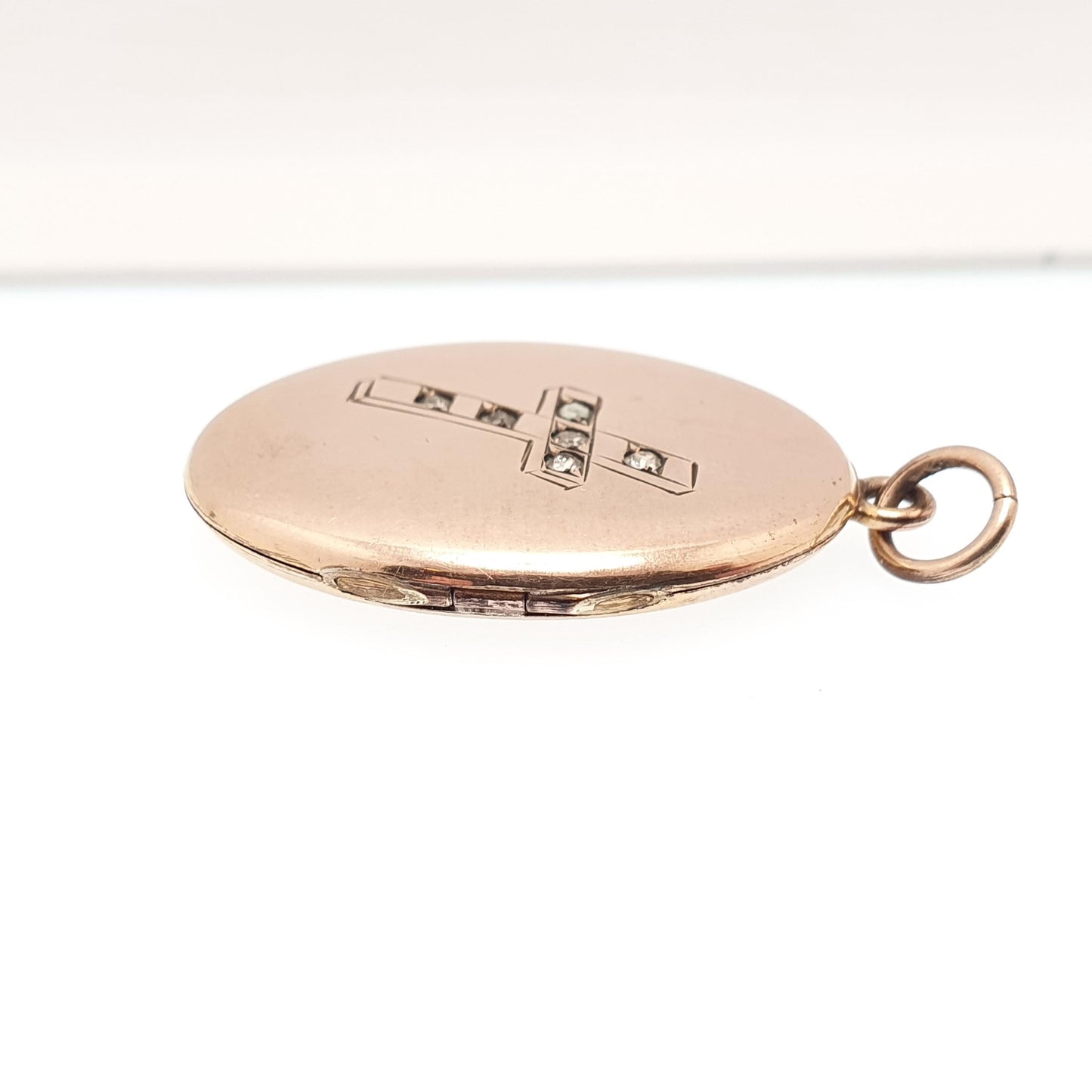 Antique Rolled Gold Cross Locket Diamond Paste Crucifix Gold Filled Sparkly Oval Rare Photo Womens Vintage Jewelry Jewellery