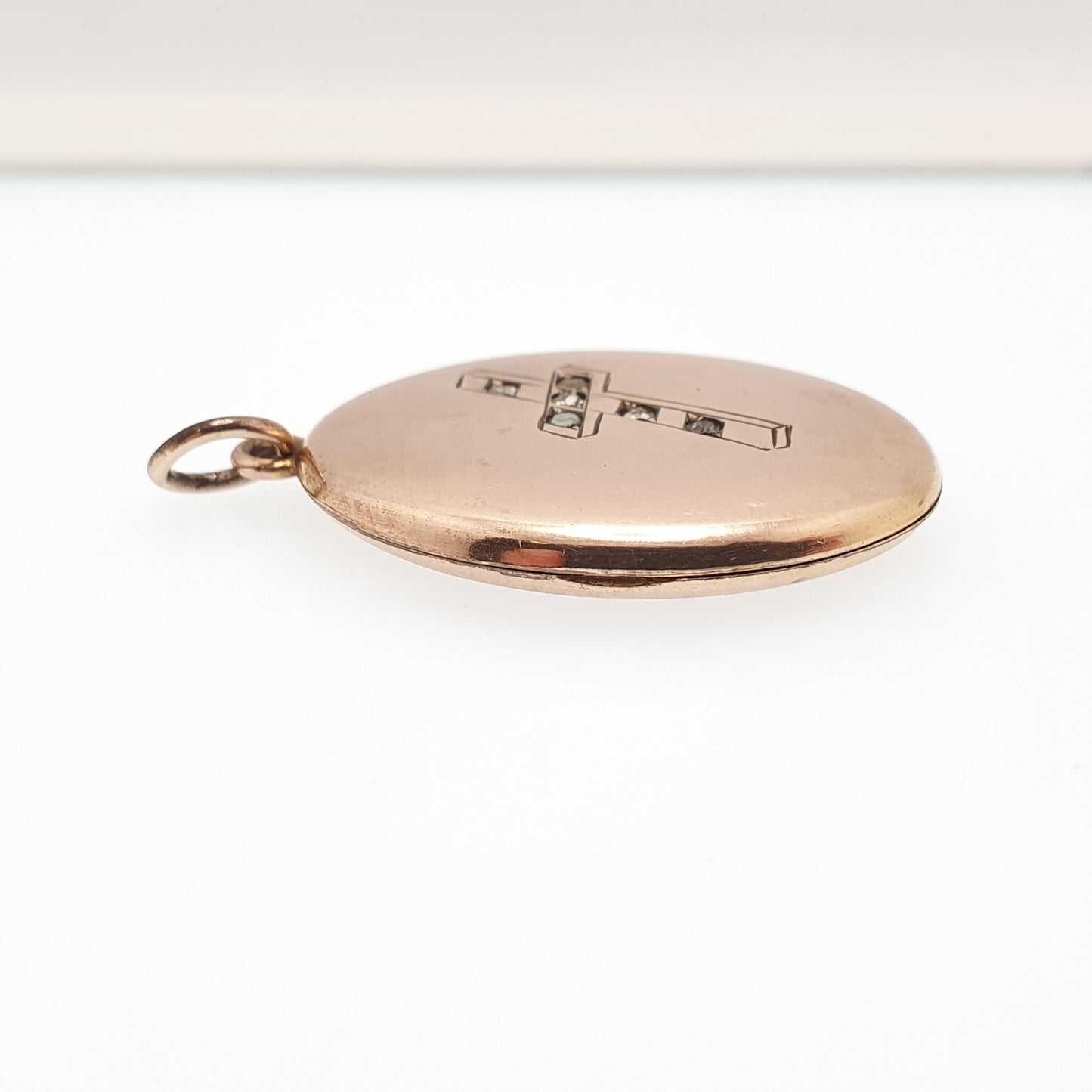 Antique Rolled Gold Cross Locket Diamond Paste Crucifix Gold Filled Sparkly Oval Rare Photo Womens Vintage Jewelry Jewellery