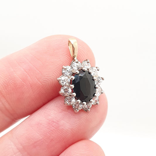 Vintage 9ct Gold Sapphire Pendant CZ Cluster Solid 375 9k Real Large Oval Cut Gemstone Necklace Halo Fine Retro Womens Jewelry Jewellery