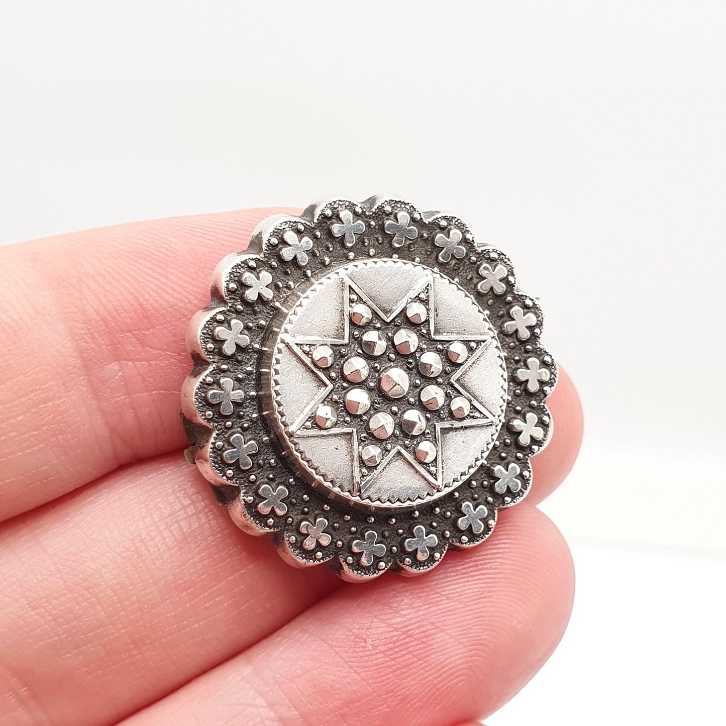 Antique Victorian Solid Silver Mourning Locket Brooch Star Celestial Pin Opening Rear Picture 1800s Womens Jewelry Jewellery