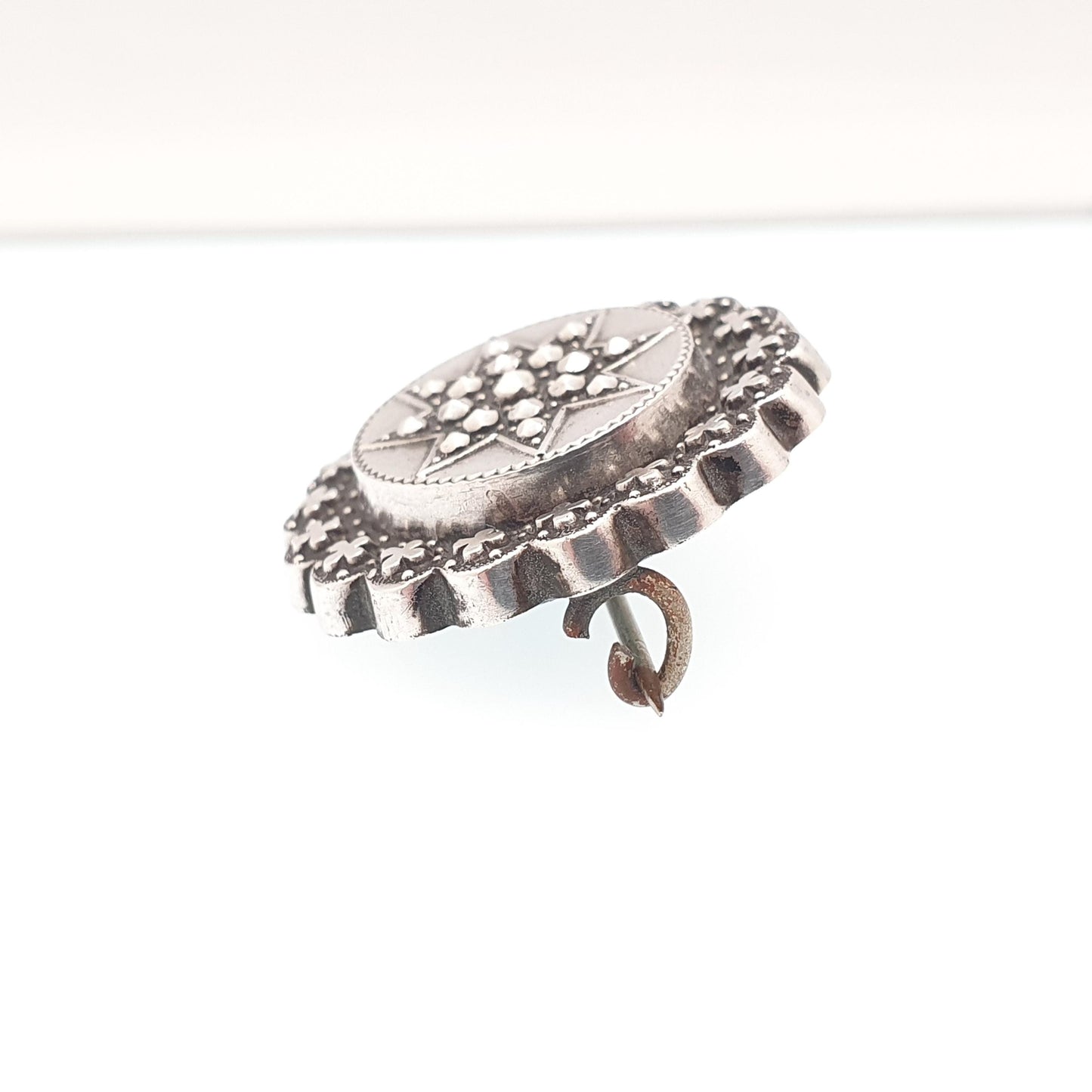 Antique Victorian Solid Silver Mourning Locket Brooch Star Celestial Pin Opening Rear Picture 1800s Womens Jewelry Jewellery