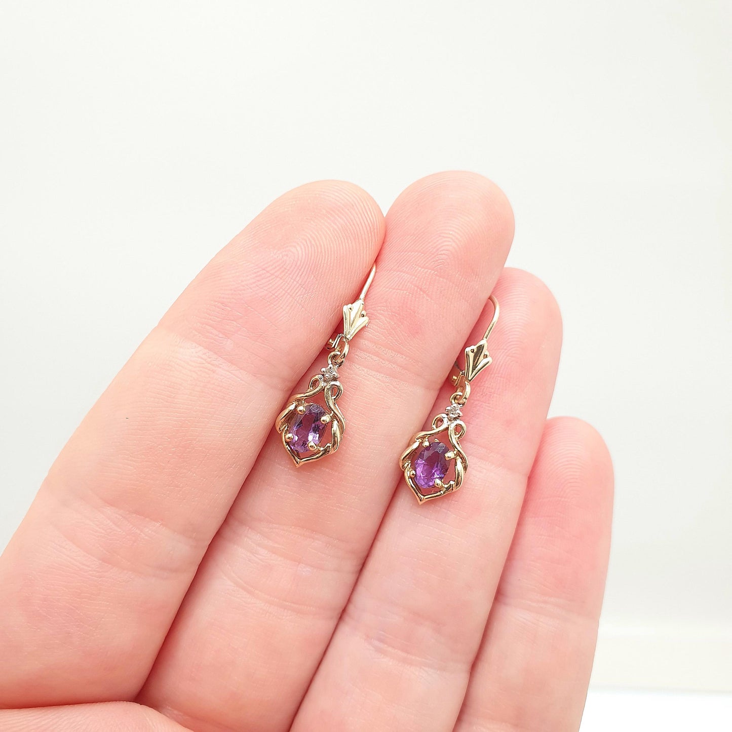 Vintage 10k 10kt Gold Amethyst & Diamond Earrings Oval Cut Hanging Drop Solid 417 Purple Gemstone Jewelry Jewellery Retro
