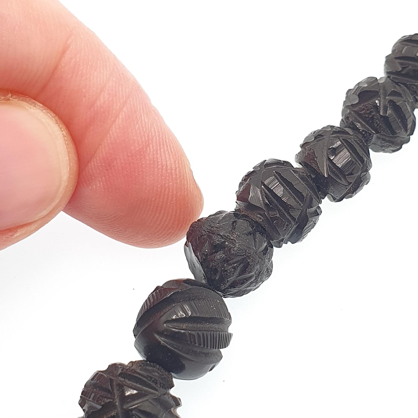 Antique Victorian Whitby Jet Bead Necklace Hand Carved Beads Round Graduating Genuine Mourning 49cm 19.2" 1800s Vintage Jewelry Jewellery