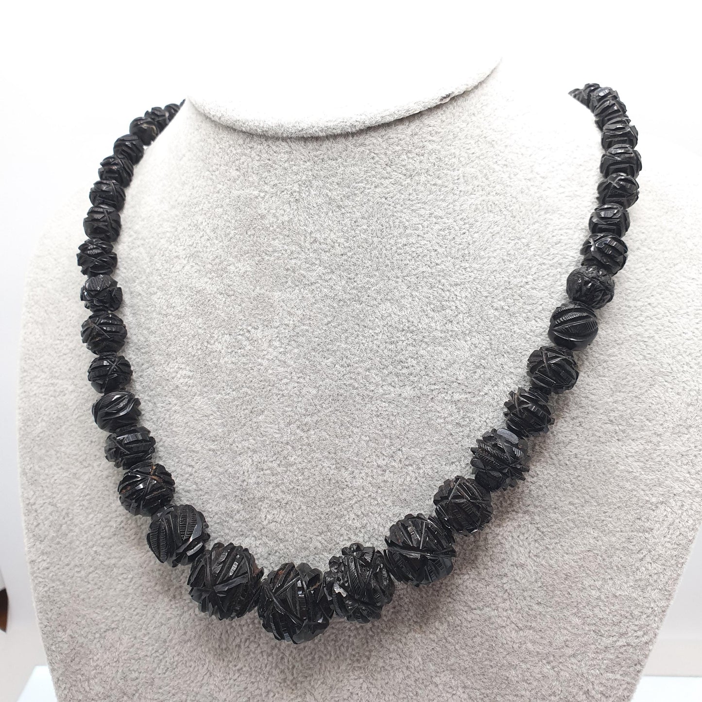 Antique Victorian Whitby Jet Bead Necklace Hand Carved Beads Round Graduating Genuine Mourning 49cm 19.2" 1800s Vintage Jewelry Jewellery