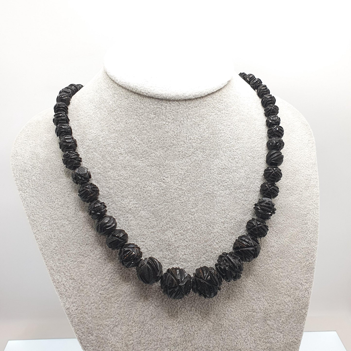 Antique Victorian Whitby Jet Bead Necklace Hand Carved Beads Round Graduating Genuine Mourning 49cm 19.2" 1800s Vintage Jewelry Jewellery